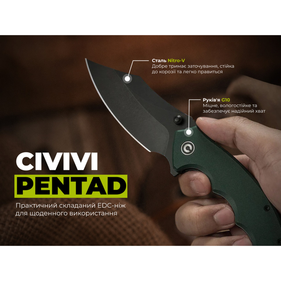 Ніж складаний туристичний Civivi Pentad (8.8 см) Nitro-V / G10 зелений, фото 12