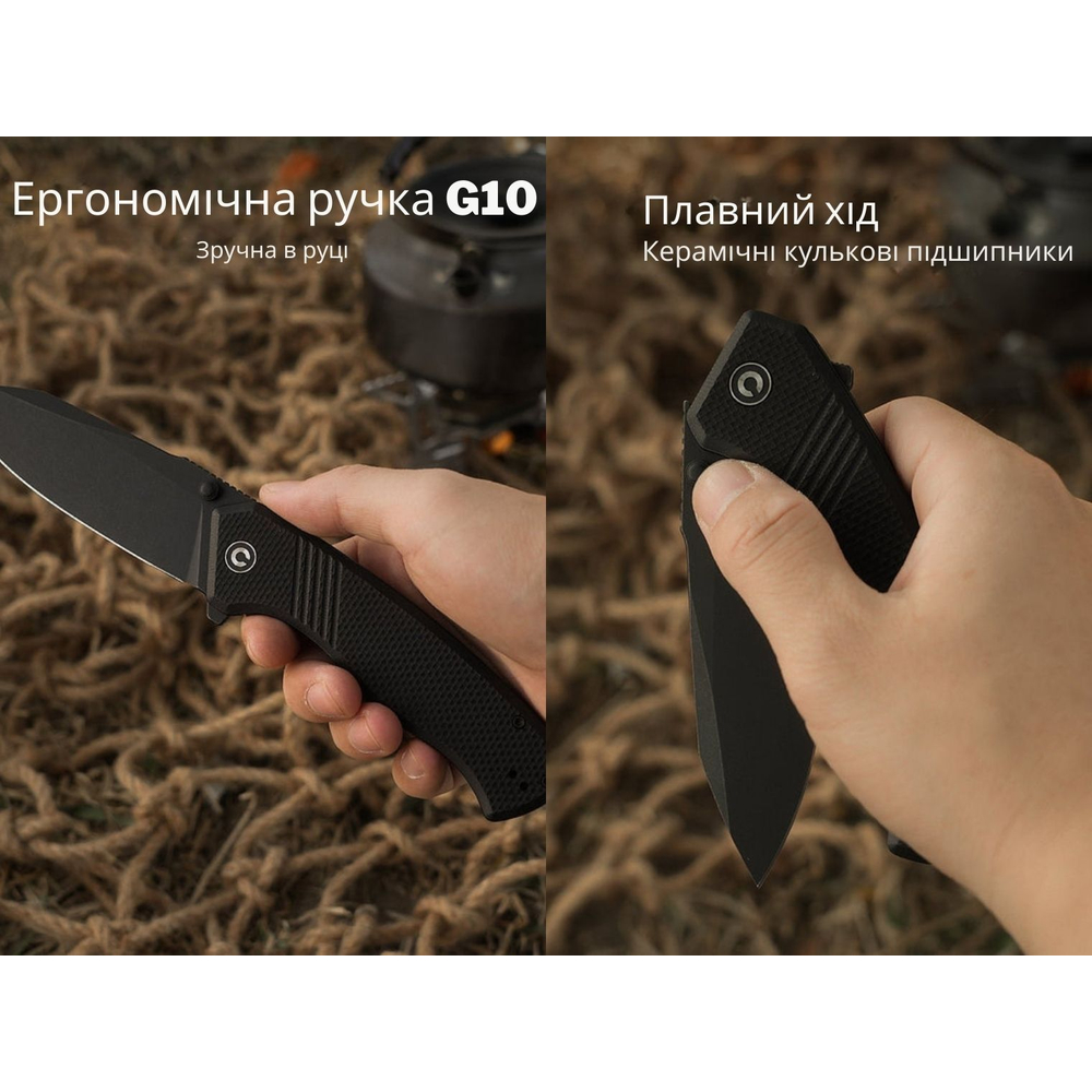 Нож складной туристический Civivi Placoid, (9.3 см) 14C28N / G10 черный