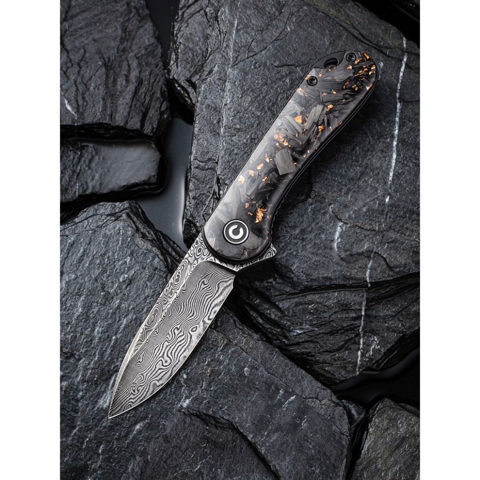 Нож складной карманный Civivi Elementum, (7.5 см) Damascus / Carbon Fiber черный