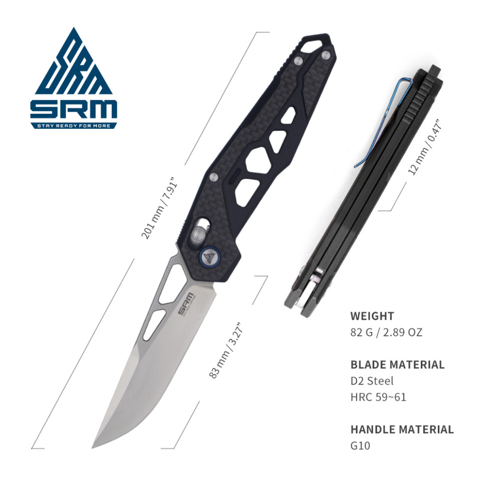 Ніж складаний туристичний SRM Mecha 9225-KB (8.3 см) D2 / G10 , карбон чорний, фото 6