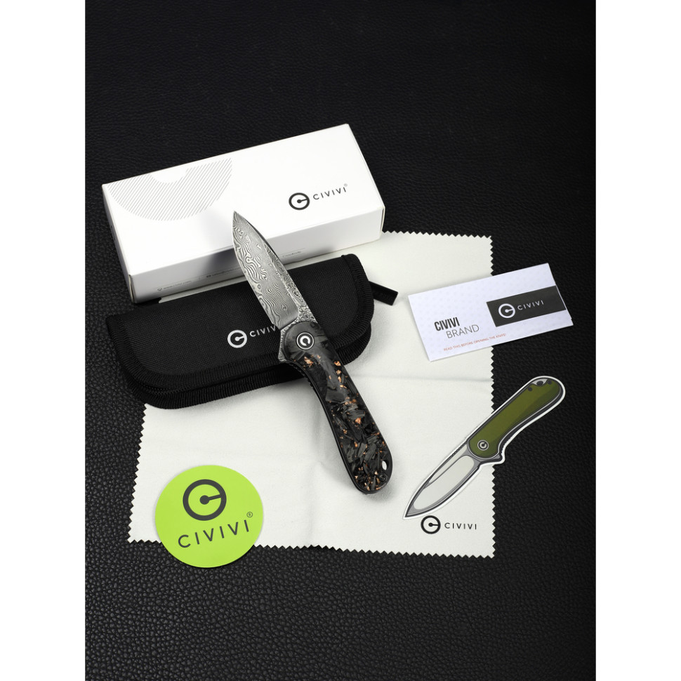 Нож складной карманный Civivi Elementum, (7.5 см) Damascus / Carbon Fiber черный