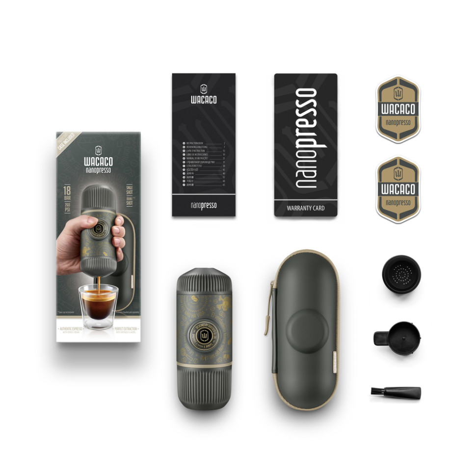 Портативная эспрессо-кофеварка Wacaco Nanopresso темно-серая с чехлом, механическая, для молотого кофе
