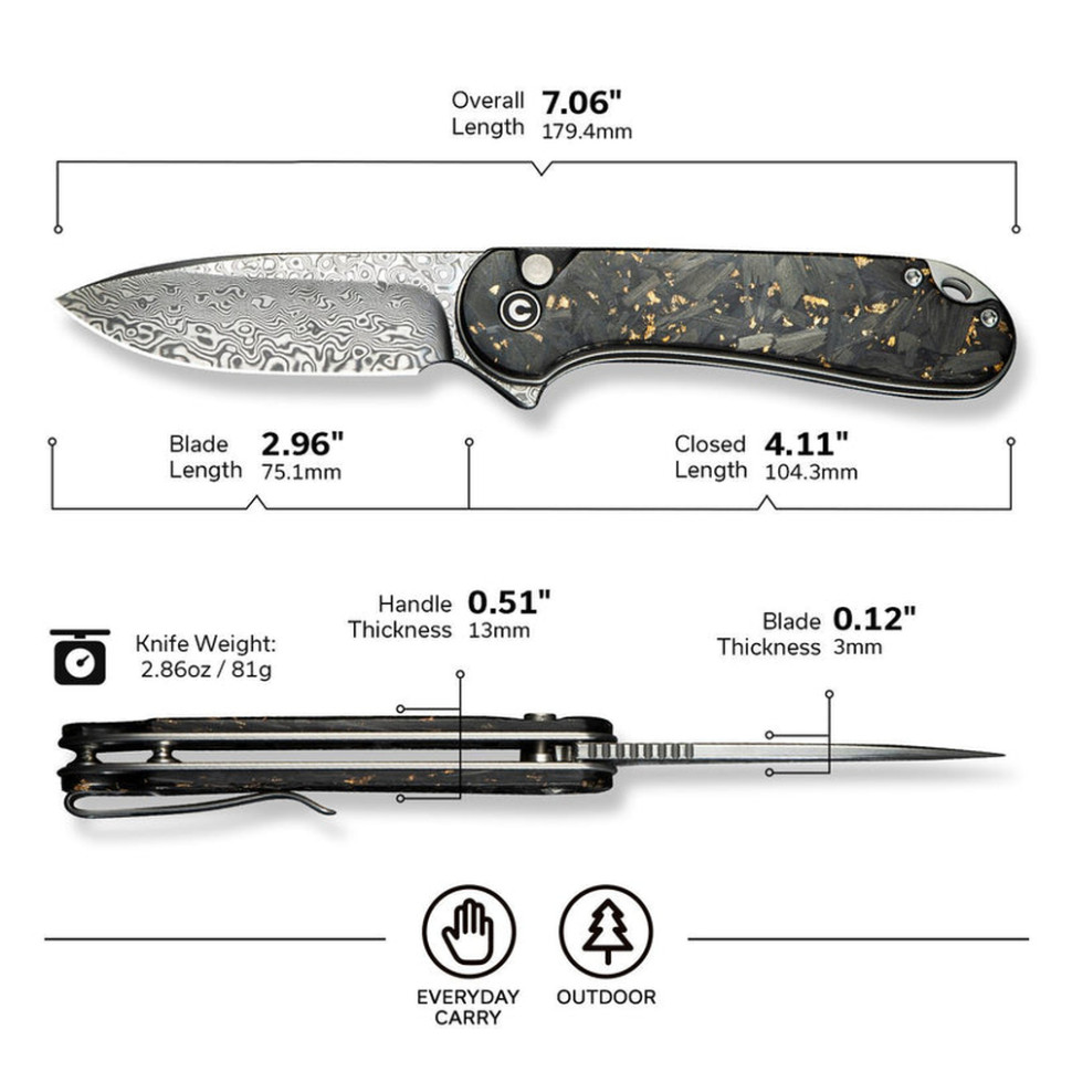 Нож складной карманный Civivi Elementum II, (7.5 см) Damascus / Carbon Fiber & Resin
