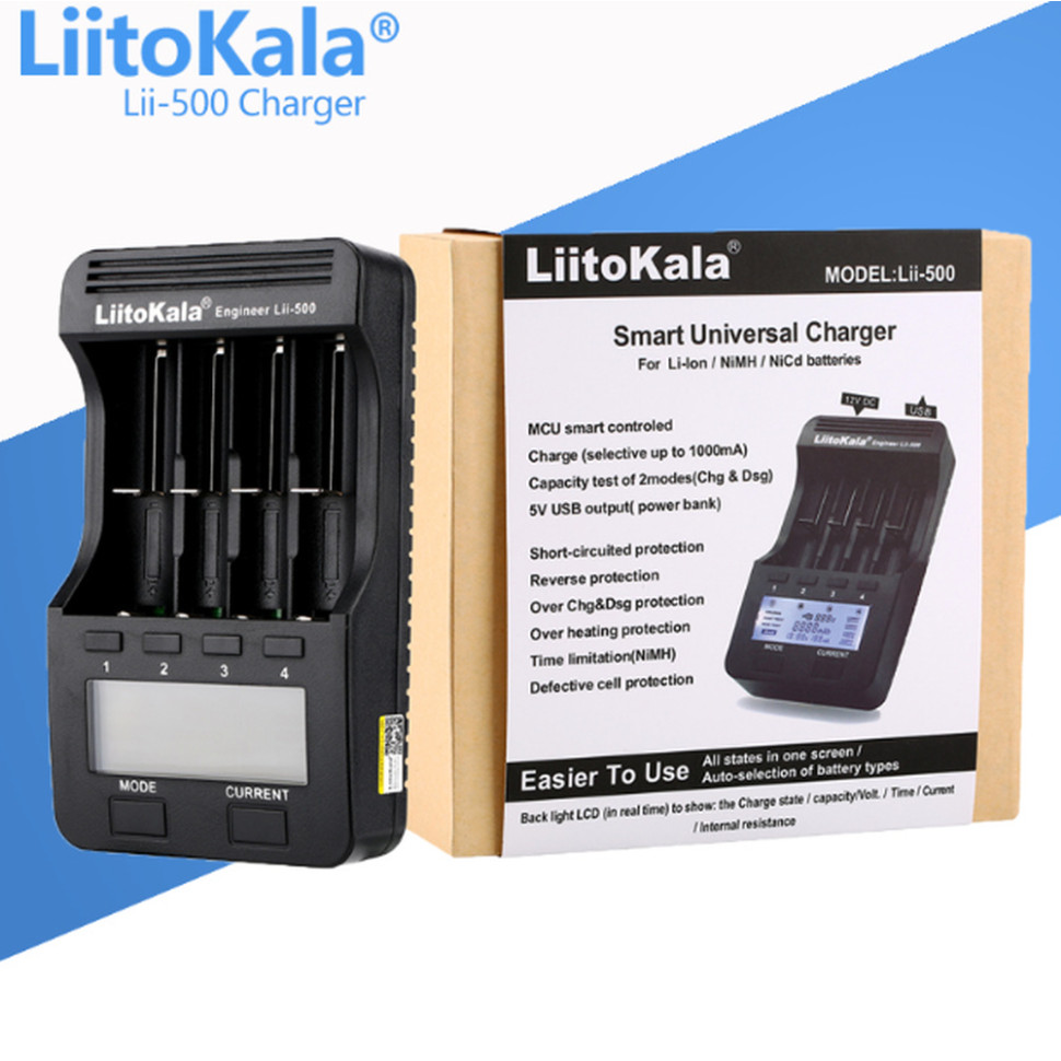 Зарядний пристрій Liitokala Lii-500, 4 канала, Ni-Mh/Li-ion, 220V/12V, Powerbank, Test, LCD, Box